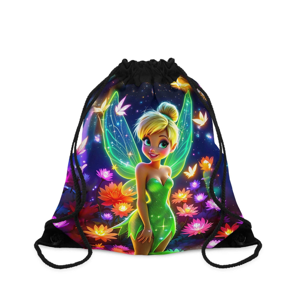Neon Tinkerbell drawstring bag with vibrant fairy design, lightweight polyester, durable and spacious for school or travel.