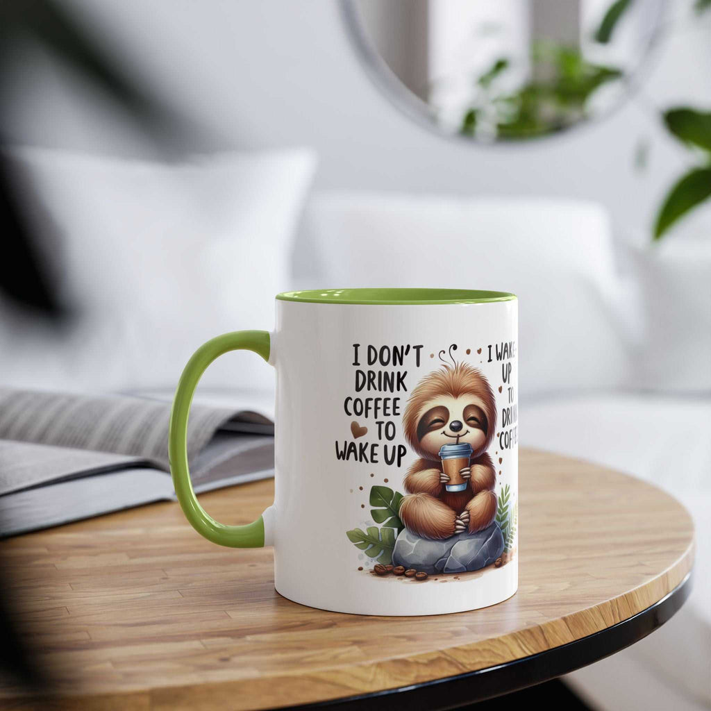 Cute sloth coffee mug with cozy sloth illustration, 11oz ceramic, glossy finish.