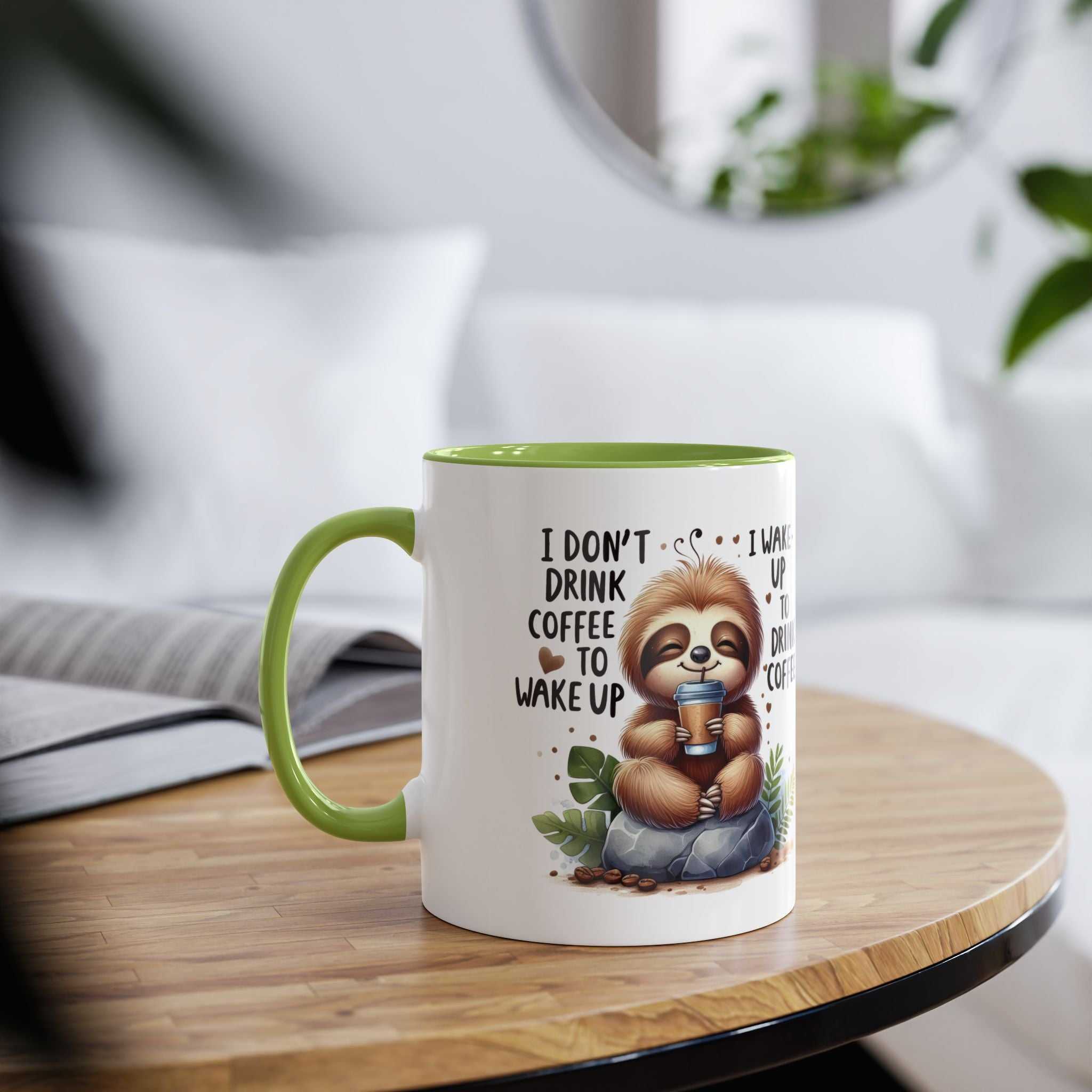 Cute sloth coffee mug with cozy sloth illustration, 11oz ceramic, glossy finish.