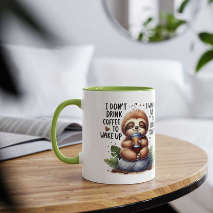 Cute sloth coffee mug with cozy sloth illustration, 11oz ceramic, glossy finish.