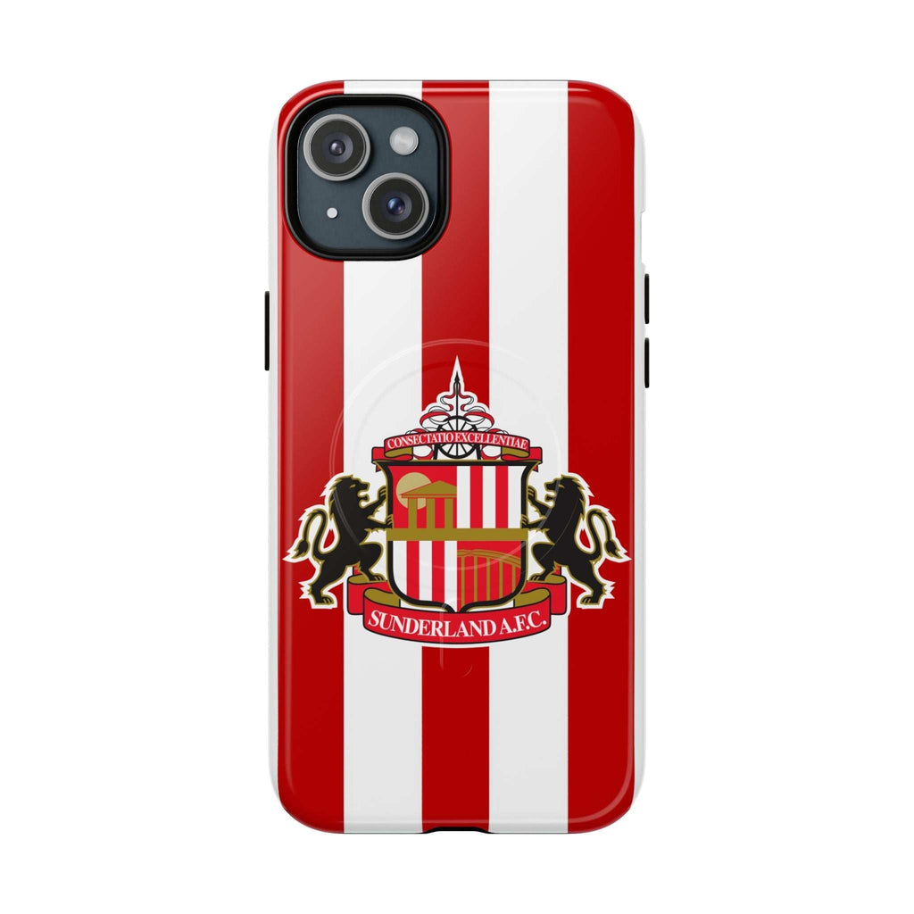 Sunderland FC MagSafe iPhone case with red and white stripes and club crest, durable dual-layer protection, MagSafe compatible