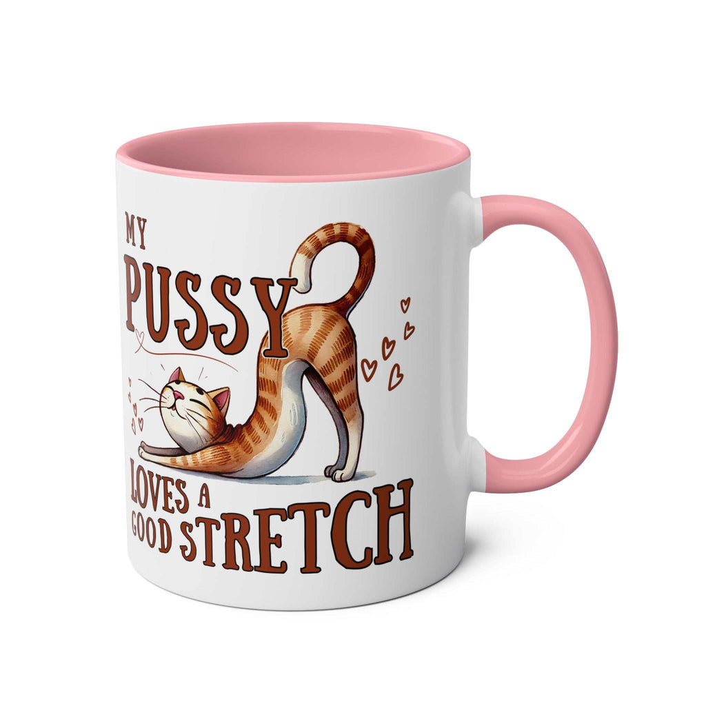 Cheeky Fun Coffee Mug white ceramic with pink handle featuring a playful cat and humorous text design