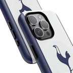 Tottenham FC MagSafe iPhone case in white and navy with Spurs crest, dual-layer protection, and MagSafe compatibility.