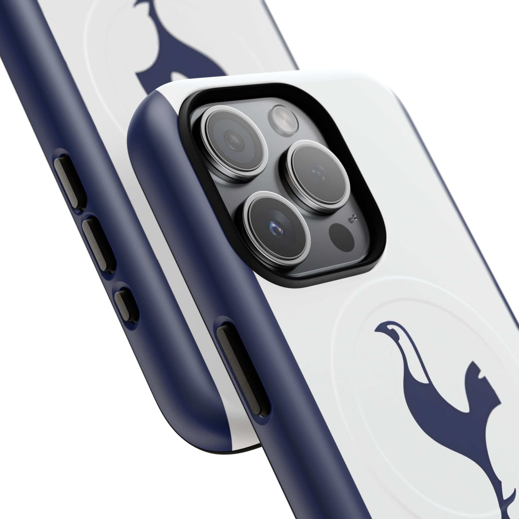 Tottenham FC MagSafe iPhone case in white and navy with Spurs crest, dual-layer protection, and MagSafe compatibility.