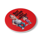 Best Farter Ceramic Coaster with humorous cartoon and bold text on red background, durable ceramic with cork backing for drink protection