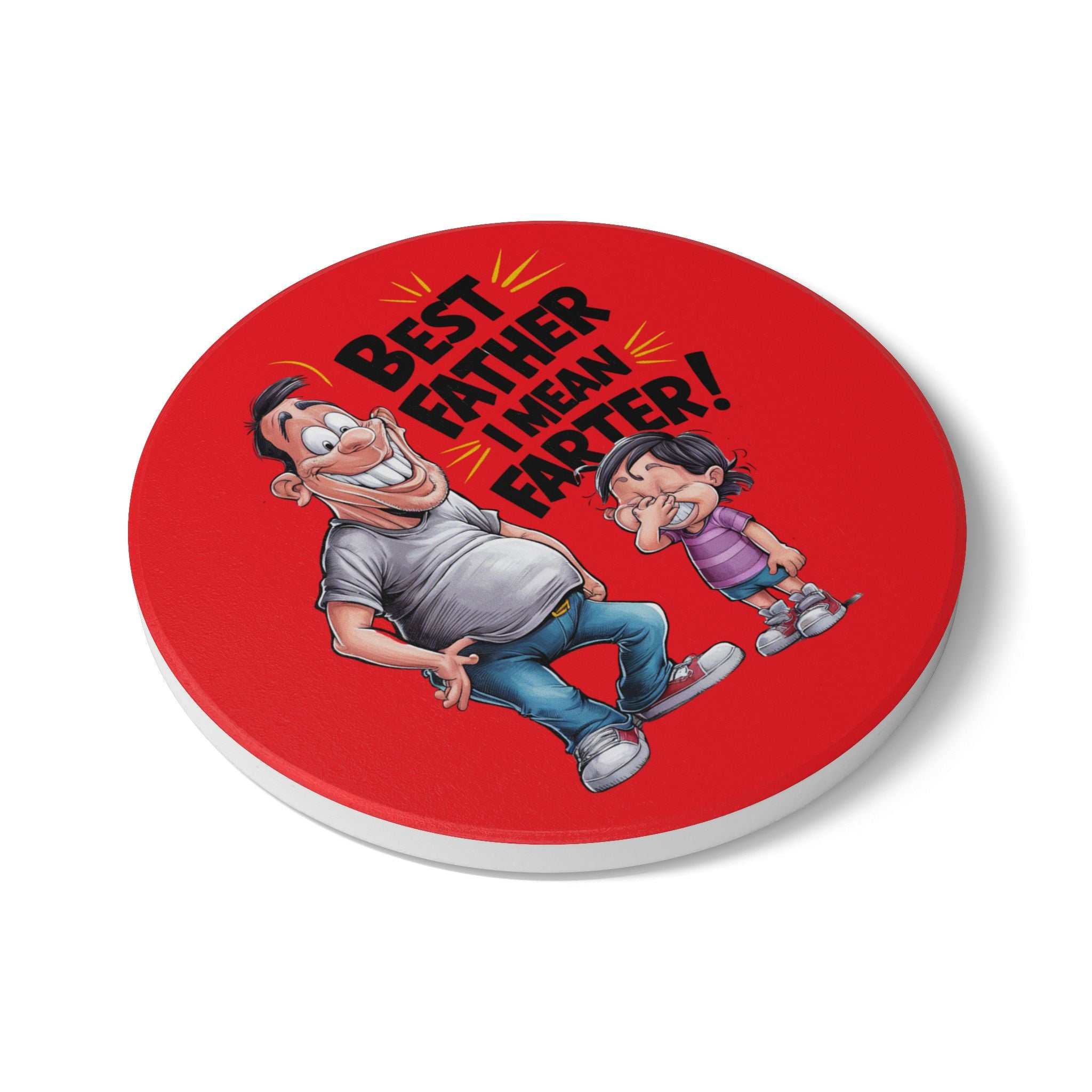 Best Farter Ceramic Coaster with humorous cartoon and bold text on red background, durable ceramic with cork backing for drink protection