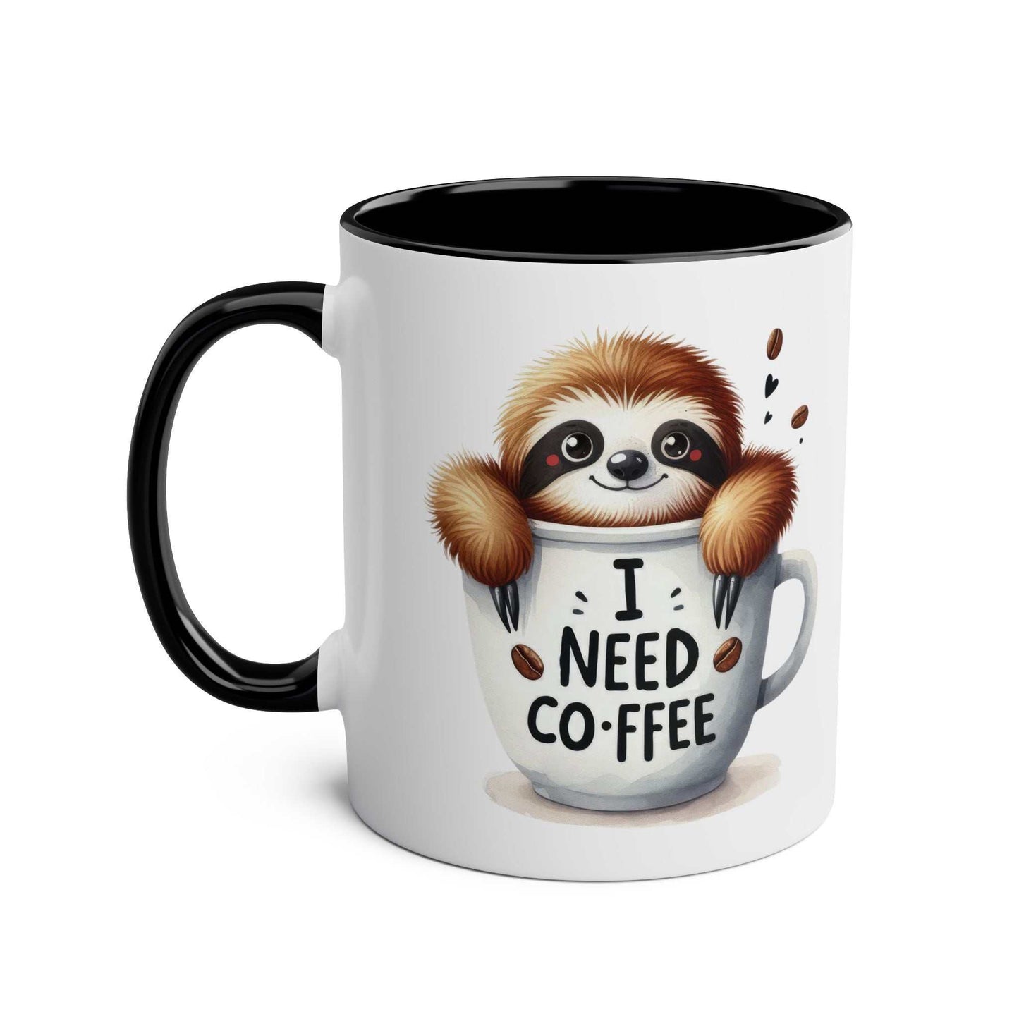 Cute sloth coffee mug with whimsical design and "I Need Coffee" text, featuring a matching coaster option.