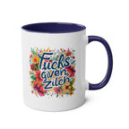 Colorful 'Fucks Given Zilch' coffee mug with floral design, cheeky attitude, 11oz ceramic, dishwasher safe.