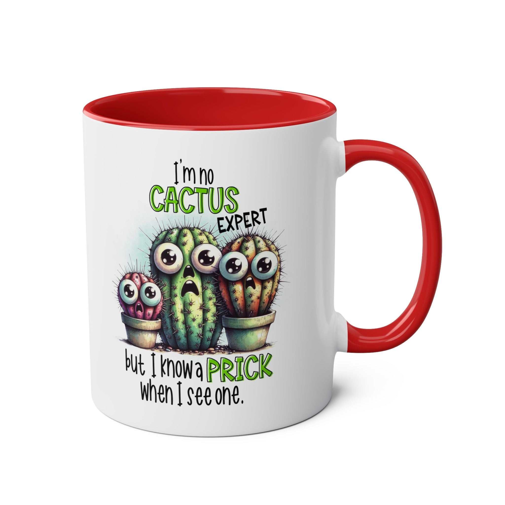 Fun Cactus Expert Coffee Mug with sassy cactus design, glossy finish, and vibrant colors in 7 options.