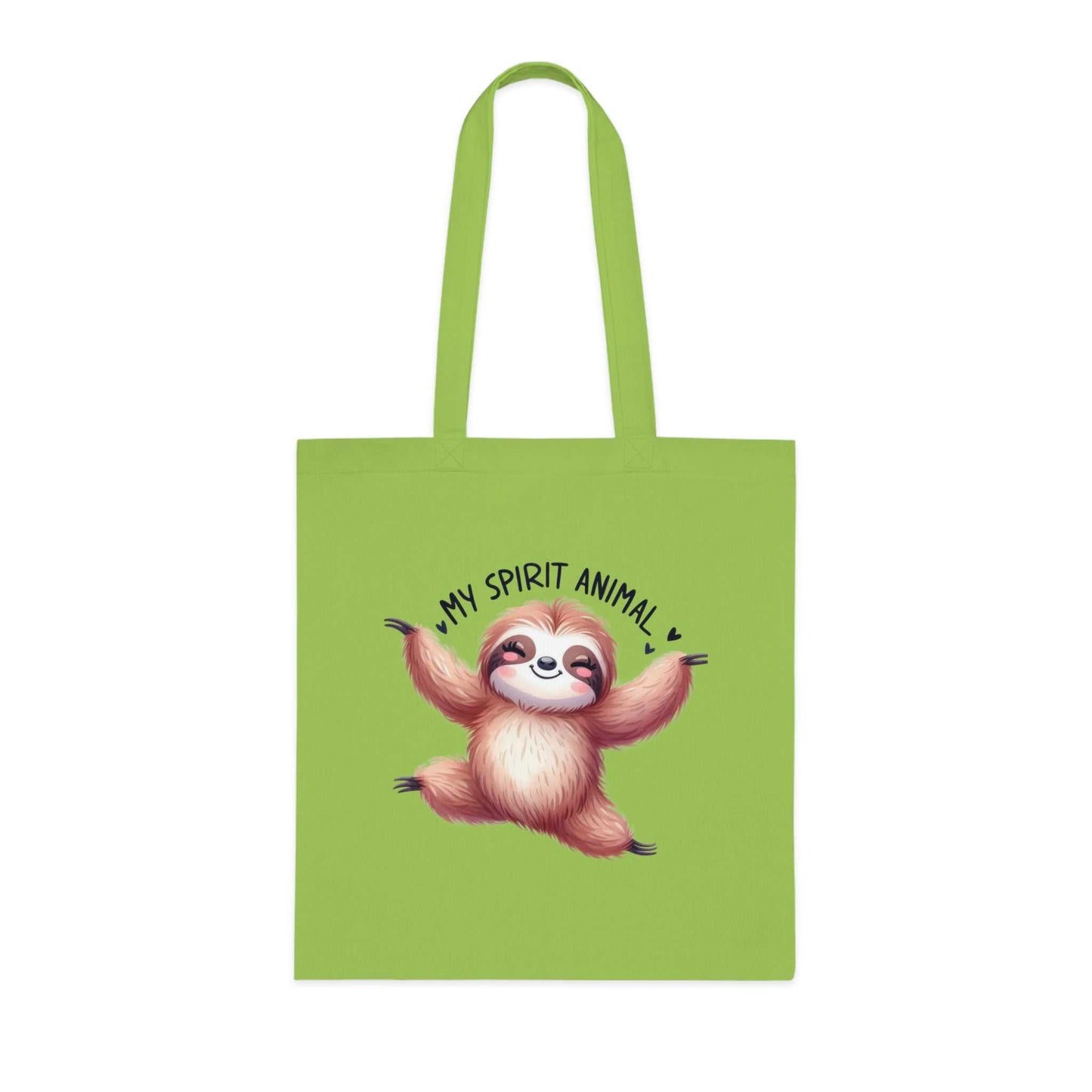 Cute sloth design cotton tote bag in vibrant green, perfect for sloth lovers.