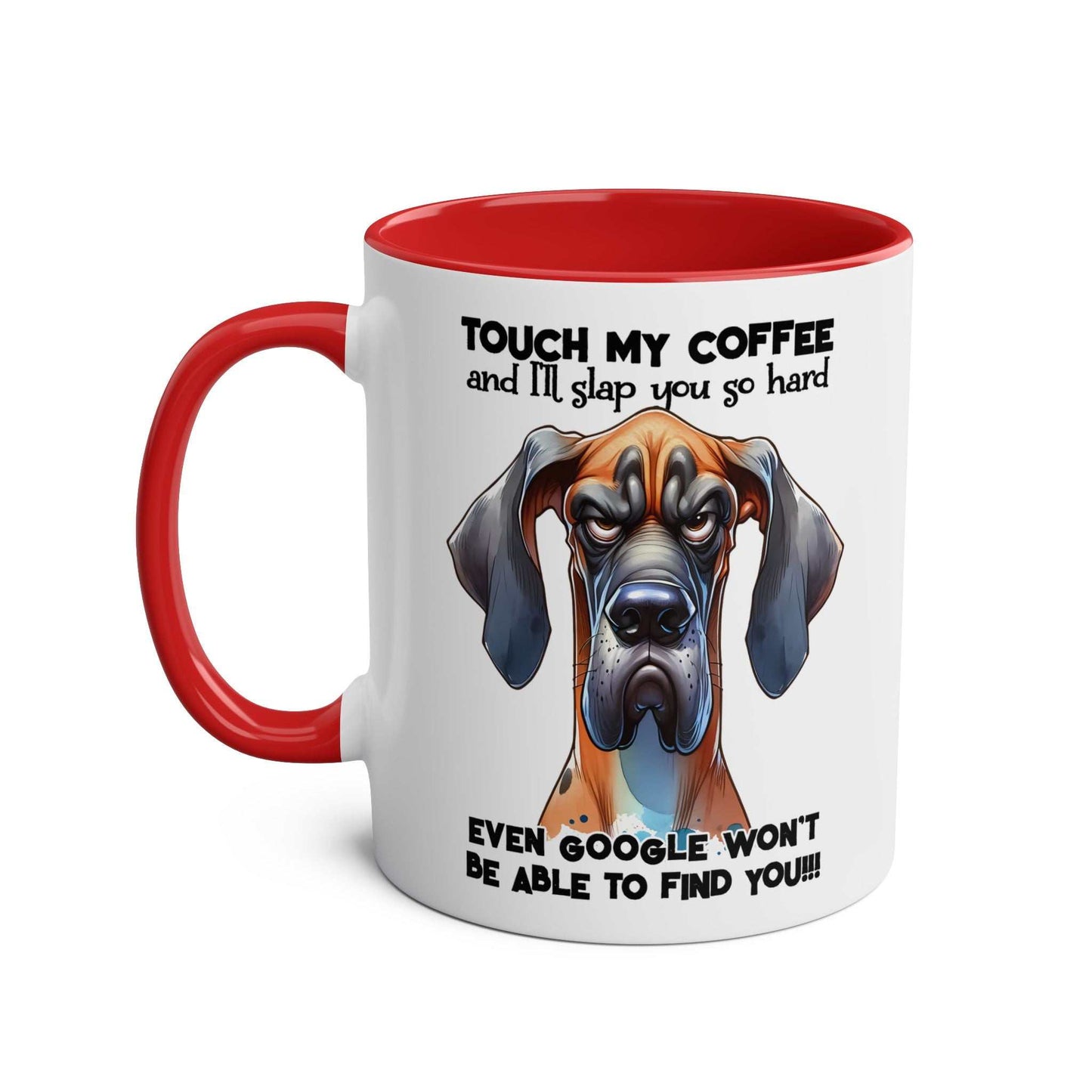 Dog-themed "Touch My Coffee" mug with a playful design, red handle, glossy finish, 11oz ceramic, microwave and dishwasher safe.