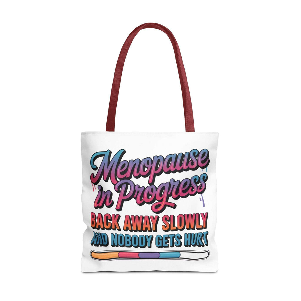 Menopause in Progress cheeky tote bag with durable spun polyester and multiple handle color options