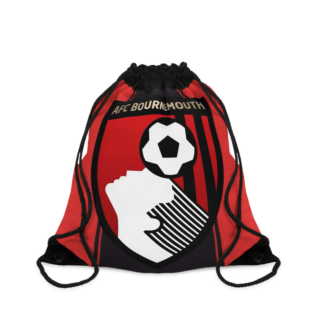 AFC Bournemouth drawstring bag with red and black stripes and club crest, lightweight polyester, durable gym and travel bag