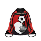 AFC Bournemouth drawstring bag with red and black stripes and club crest, lightweight polyester, durable gym and travel bag