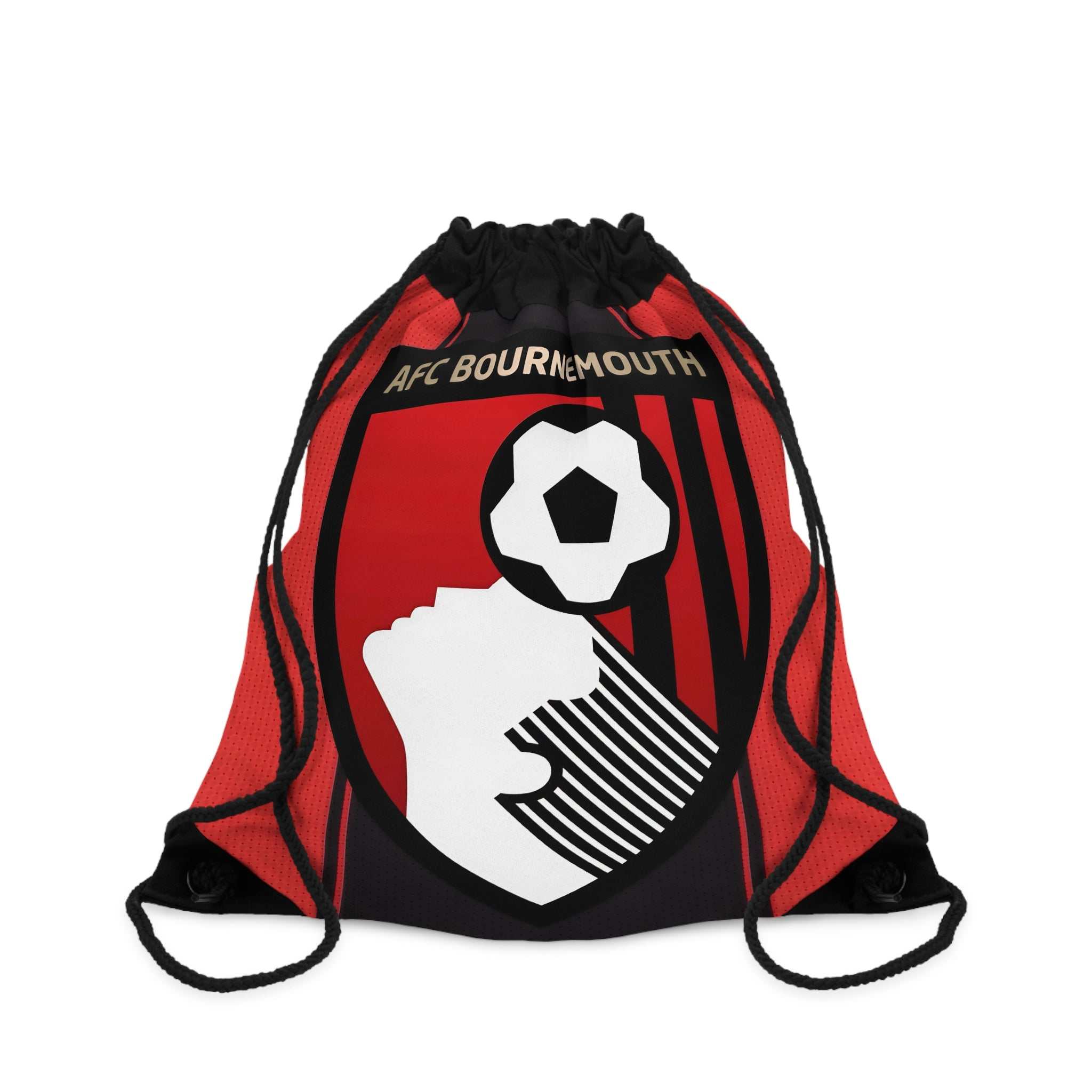 AFC Bournemouth drawstring bag with red and black stripes and club crest, lightweight polyester, durable gym and travel bag