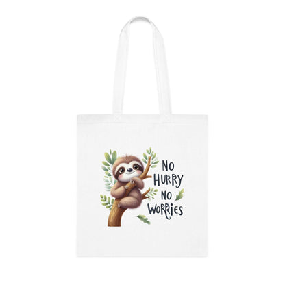 Cute sloth tote bag with "No Hurry No Worries" design, ideal for everyday use.