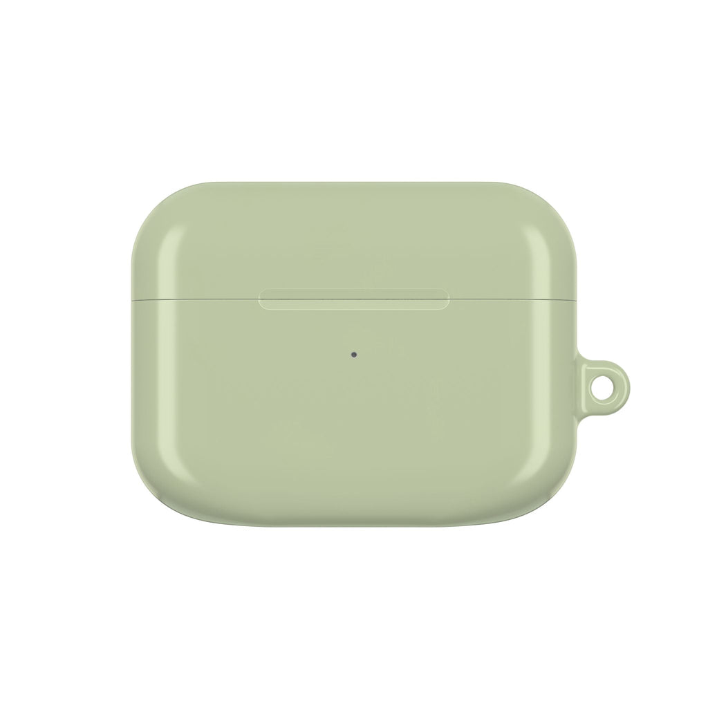 Sage green hard shell AirPods protective case with glossy finish and durable lightweight design