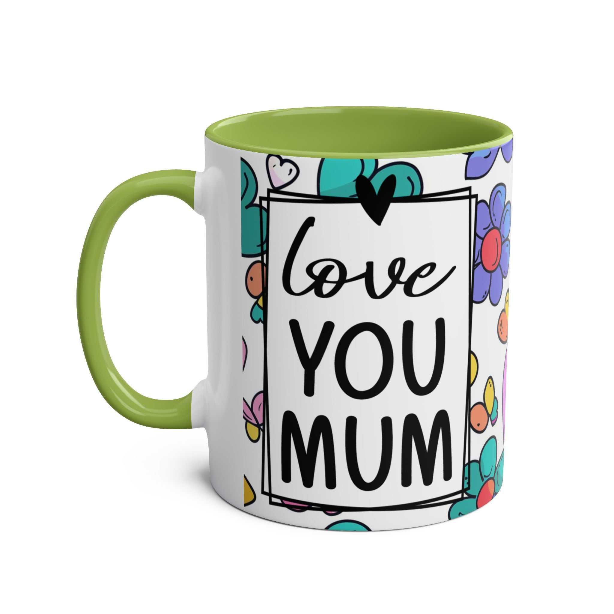 Love You Mum Floral Mug with floral and heart design, glossy finish, microwave and dishwasher safe.