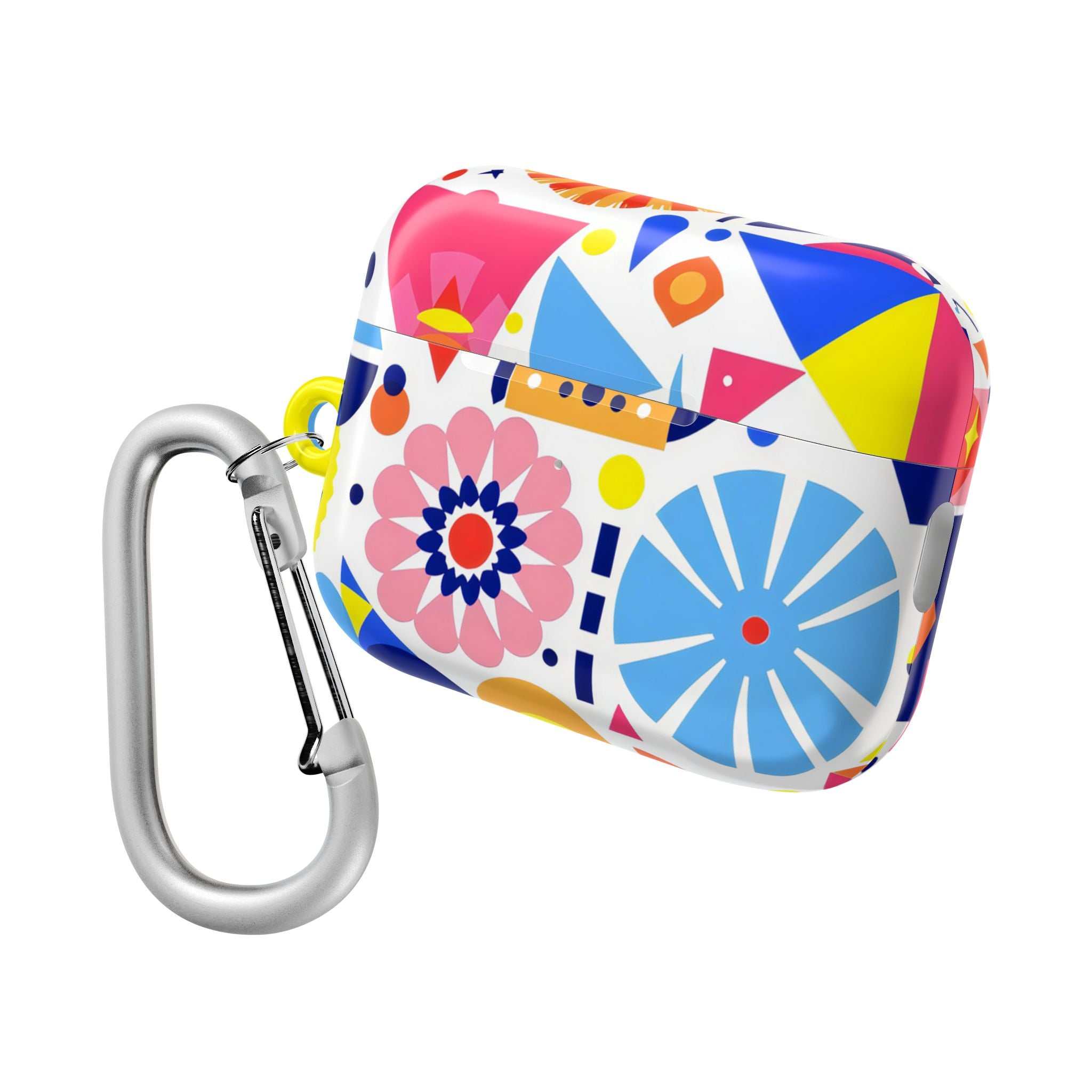 Bright geometric print AirPods protective case with colorful floral and abstract design, durable hard shell, and attached silver carabiner clip.