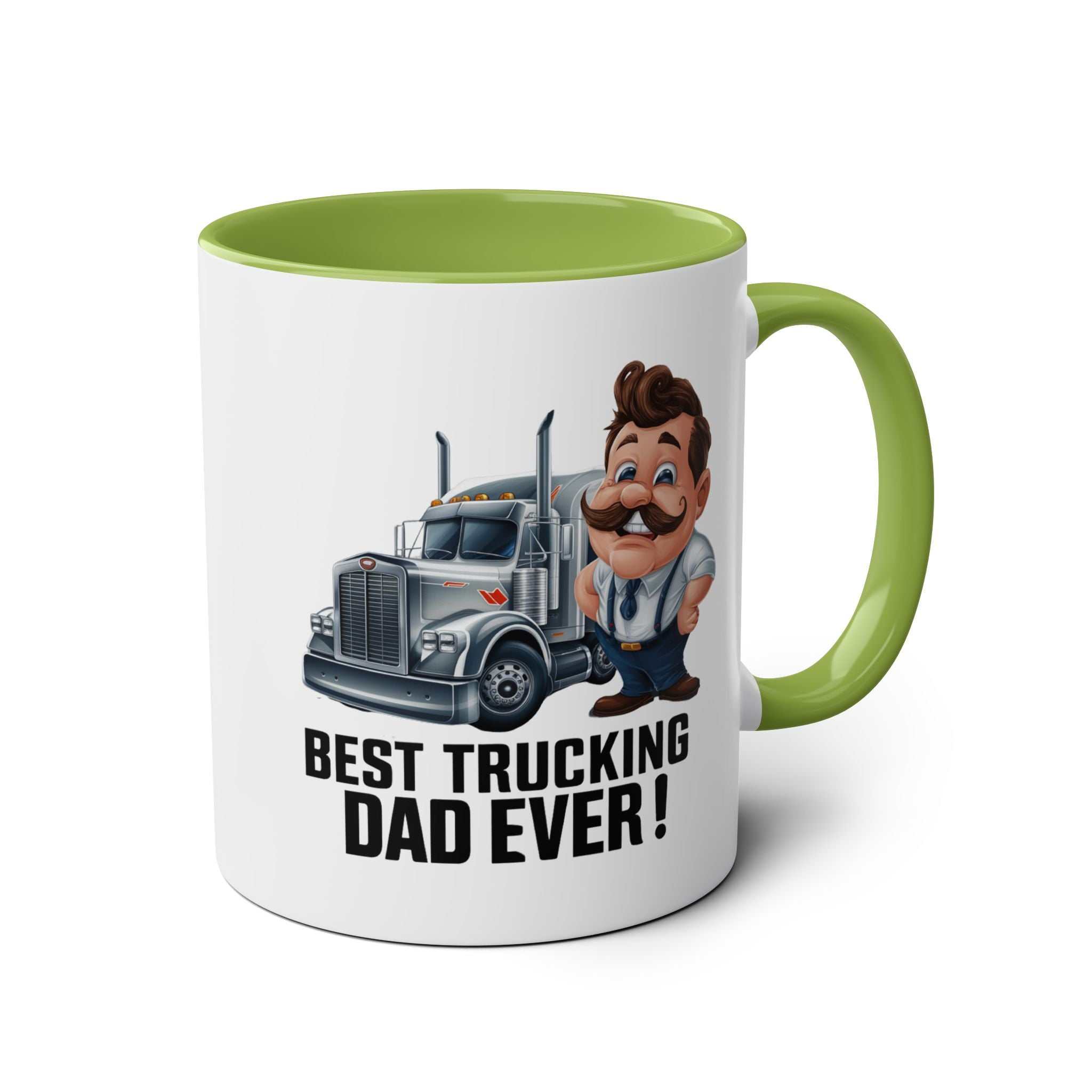 Best Trucking Dad fun Father’s Day gift mug with truck design and cartoon character.