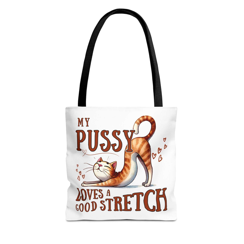 Fun Stretching Cat Tote Bag with cheeky cat design, durable spun polyester, multiple sizes and handle colors