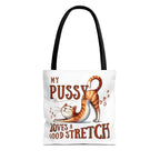 Fun Stretching Cat Tote Bag with cheeky cat design, durable spun polyester, multiple sizes and handle colors