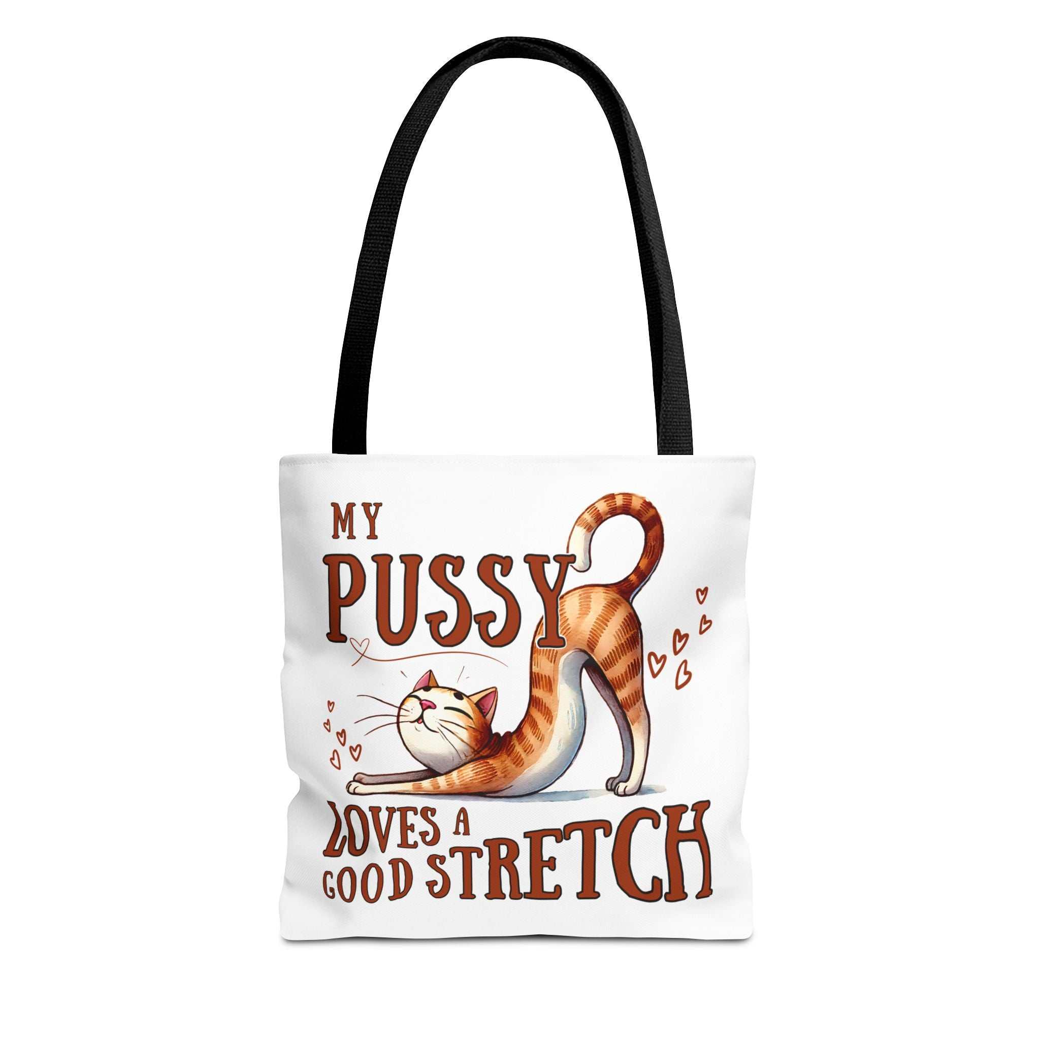 Fun Stretching Cat Tote Bag with cheeky cat design, durable spun polyester, multiple sizes and handle colors