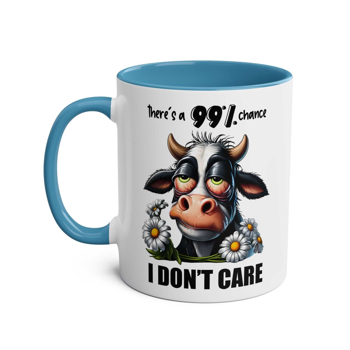 I Dont Care Coffee Mug with sarky cow design, 11oz ceramic, glossy finish.