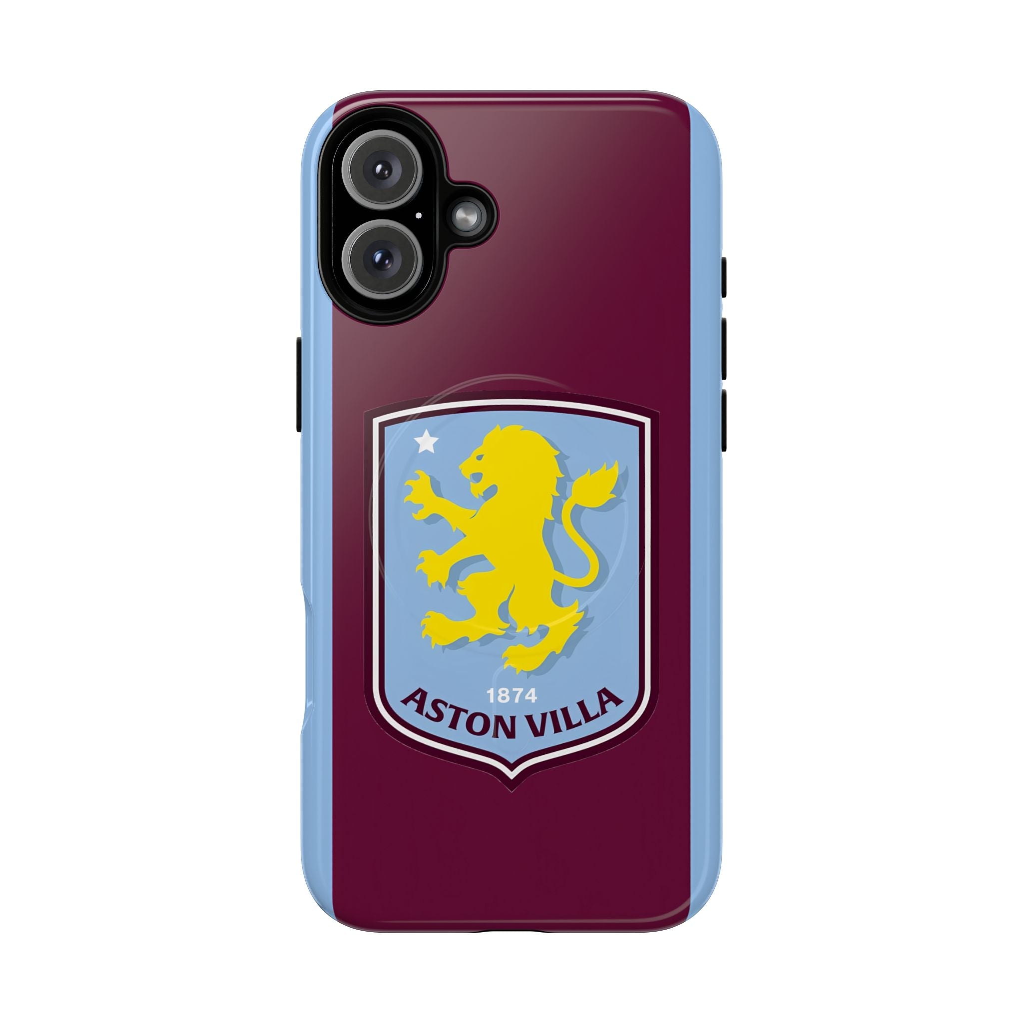 Aston Villa MagSafe iPhone case in claret and blue with official-inspired crest, dual-layer protection, and wireless charging compatible