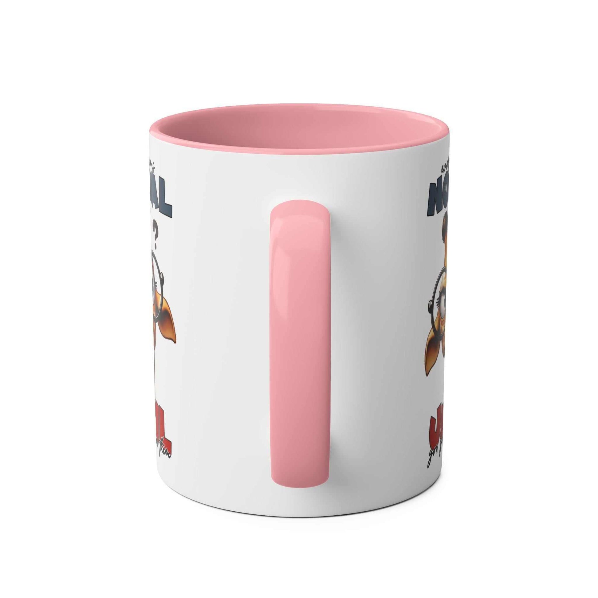 Everyones Normal Coffee Mug with playful giraffe design and pink handle, available in 7 colors, glossy finish, 11oz ceramic, microwave and dishwasher safe.