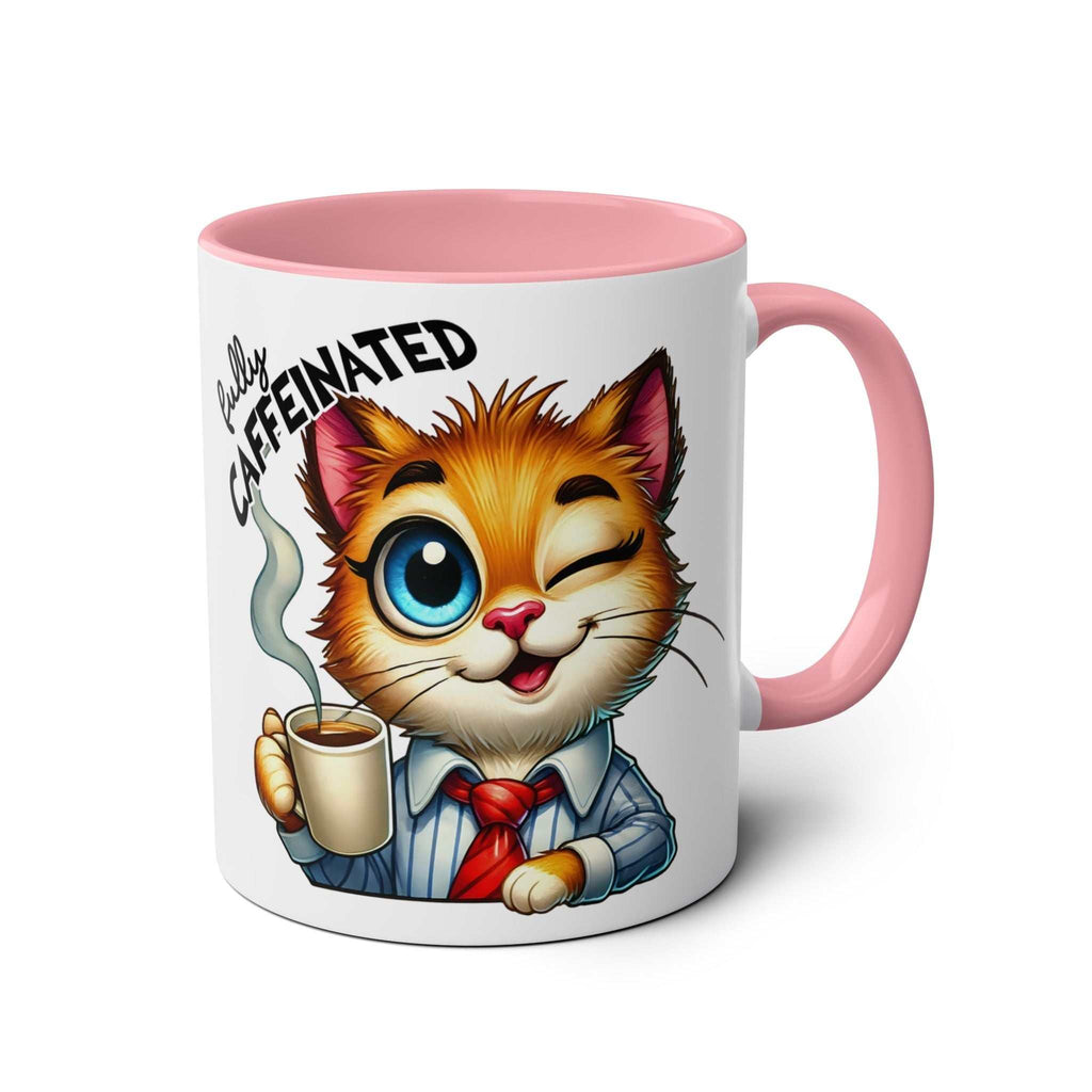 Fun Sarcastic Coffee Mug with cat illustration, pink handle, and "Fully Caffeinated" text.
