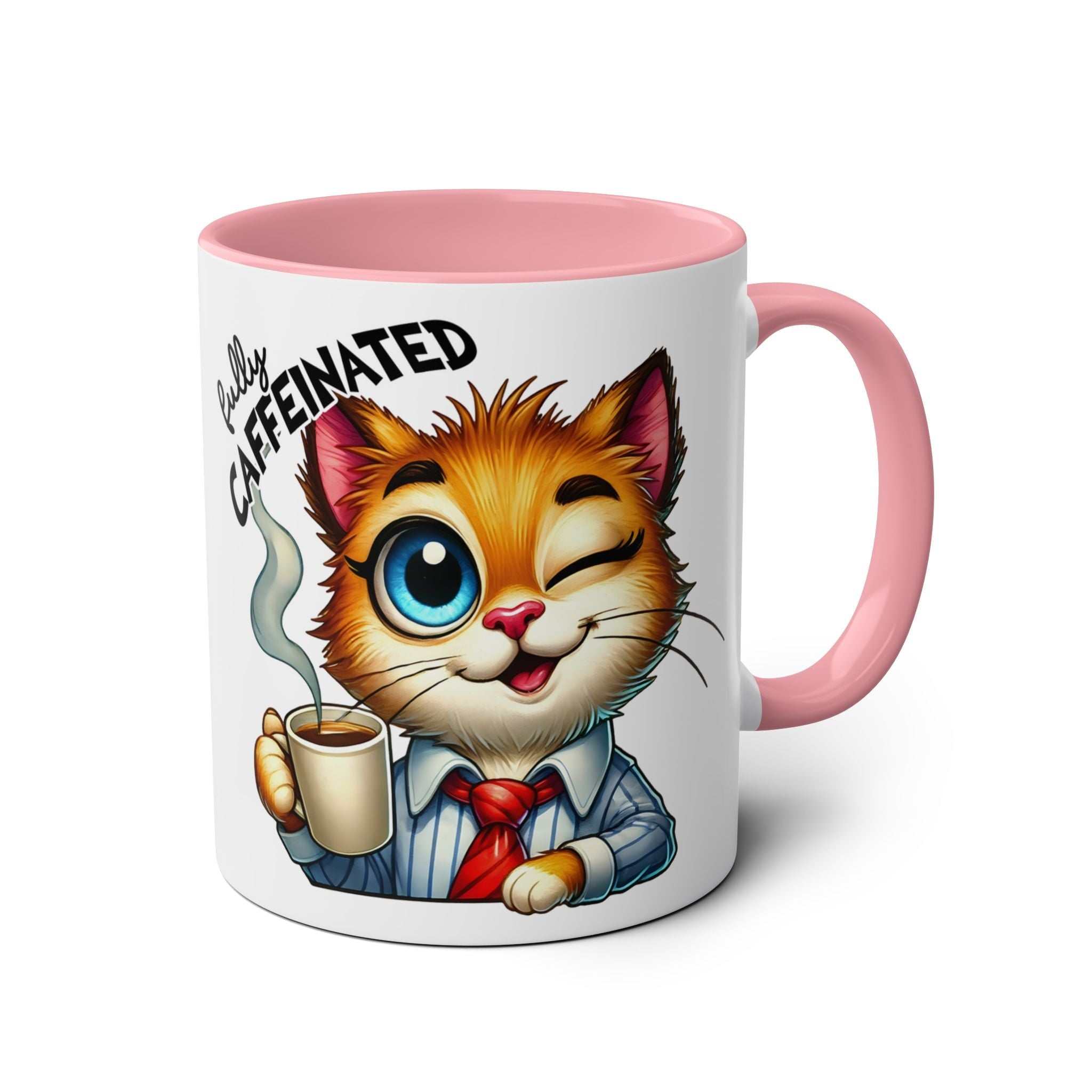 Fun Sarcastic Coffee Mug with cat illustration, pink handle, and "Fully Caffeinated" text.