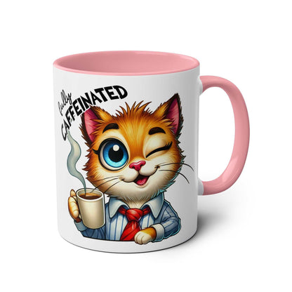 Fun Sarcastic Coffee Mug with cat illustration, pink handle, and "Fully Caffeinated" text.