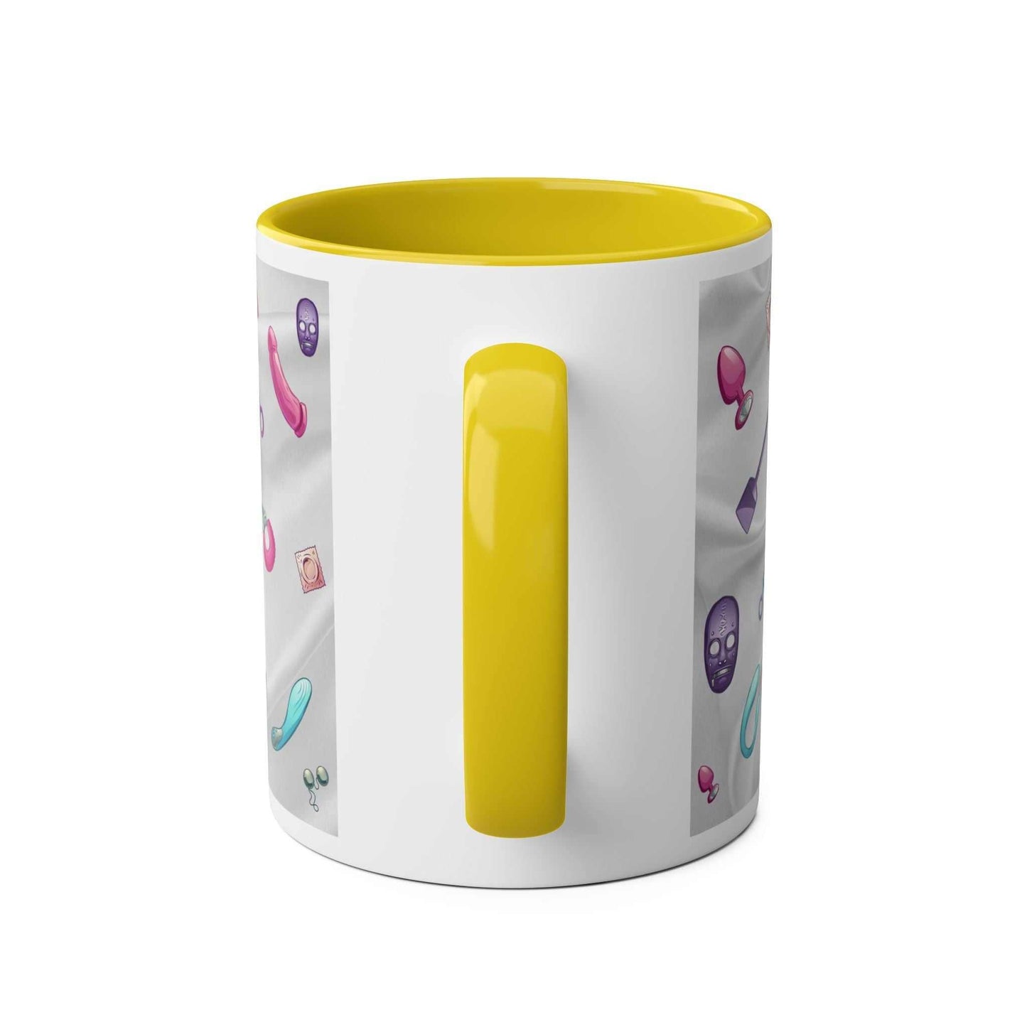 Fun Sex Toy Coffee Mug with colorful design, yellow handle, ceramic, 11oz, dishwasher safe.