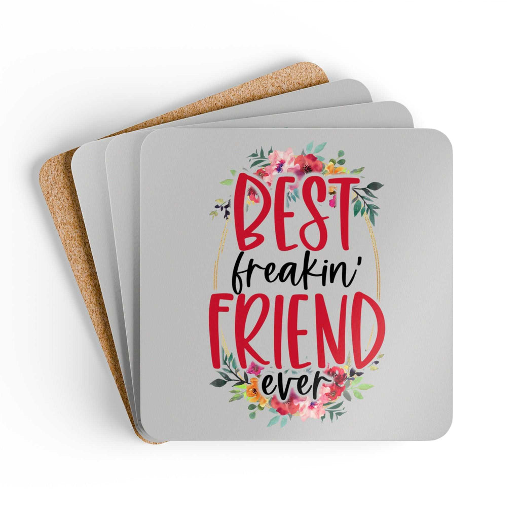 Best Freaking Friend Coaster Set with fun design, includes high-gloss MDF top and cork back.