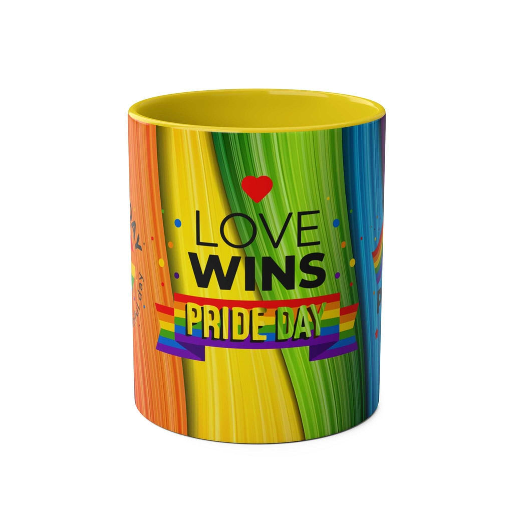 LGBTQ+ Pride Mug with rainbow design and "Love Wins, Pride Day" text.