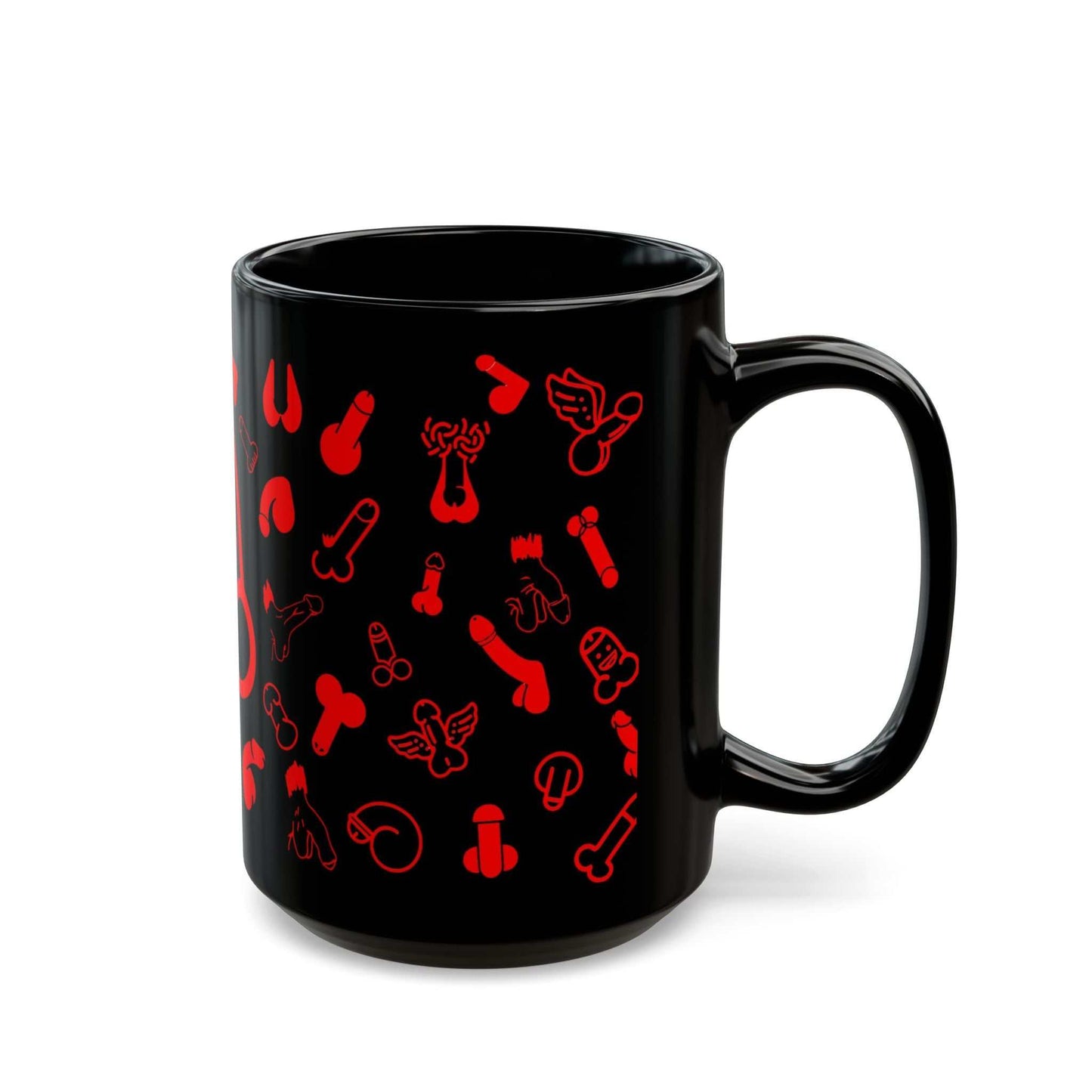 Black ceramic mug with playful red willie print, cheeky design, available in two sizes.