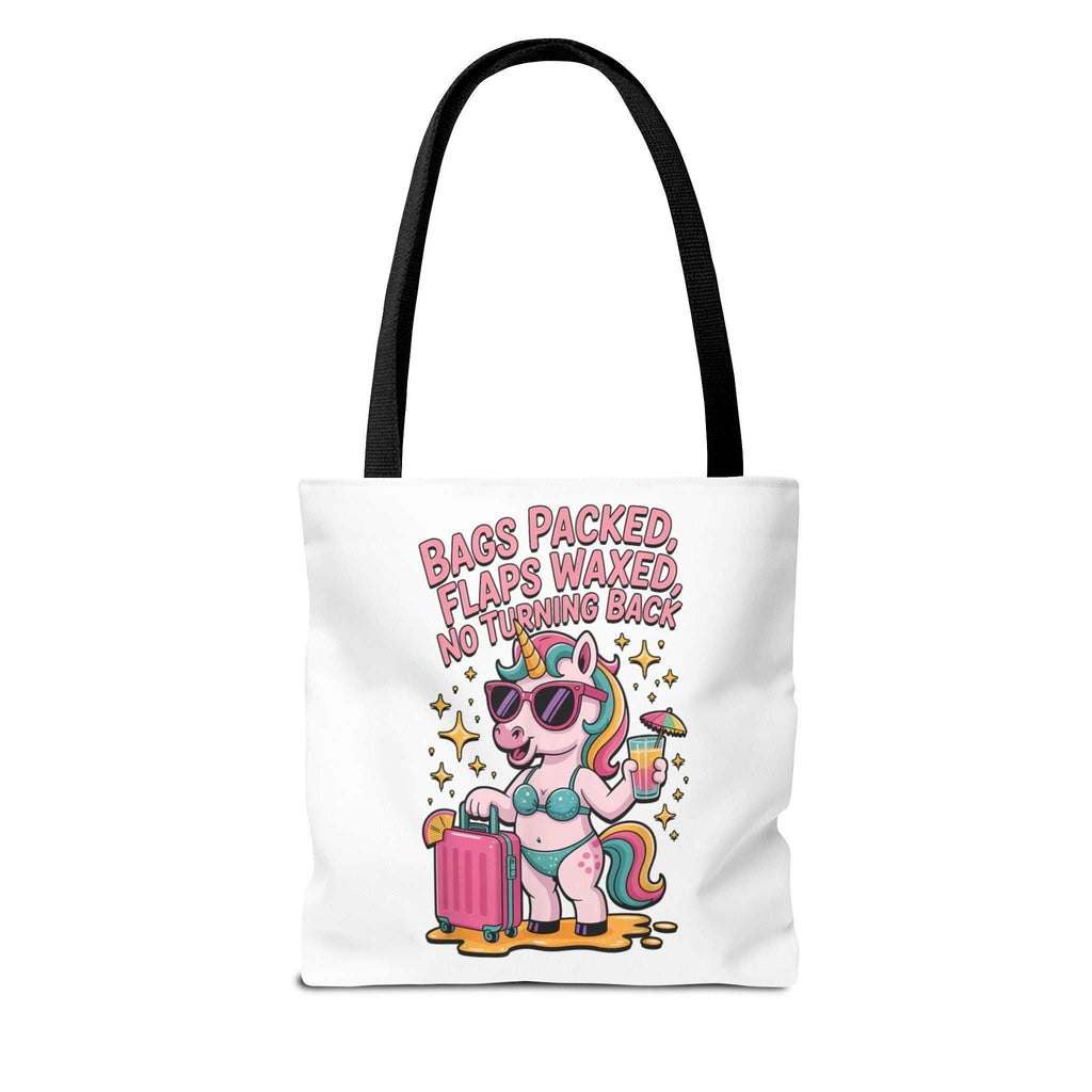 Fun Unicorn Travel Tote Bag with cheeky design and colorful handles, durable polyester fabric, reusable and lightweight.