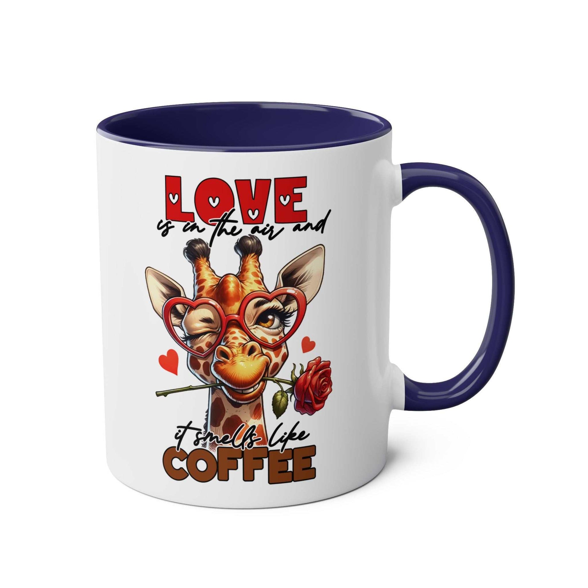 Playful giraffe design on Smells Like Coffee Mug with "Love is in the air" text.