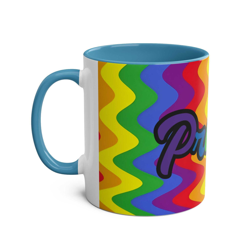 LGBTQ+ Pride mug with vibrant rainbow design, ceramic, 11oz, glossy finish.