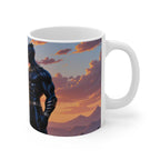 Ceramic Black Panther Sunset Mug with vibrant superhero design and glossy finish, microwave and dishwasher safe.