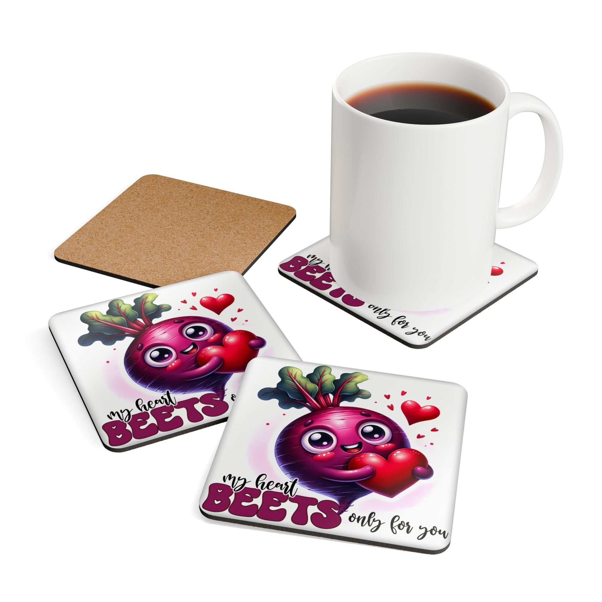 My Heart Beets Coaster Set with quirky beet designs, cork back, 4-piece, 3.75" square.