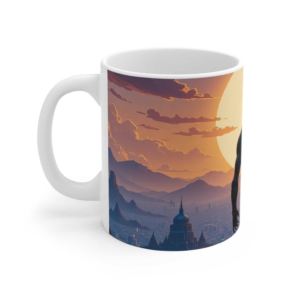 White ceramic mug featuring a vibrant Black Panther superhero design with a sunset cityscape background