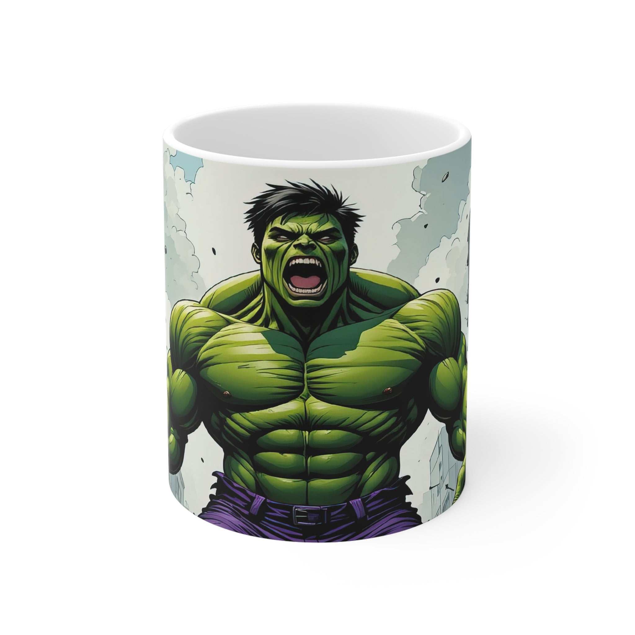 Hulk-inspired superhero ceramic coffee mug with vibrant green muscular design and glossy finish