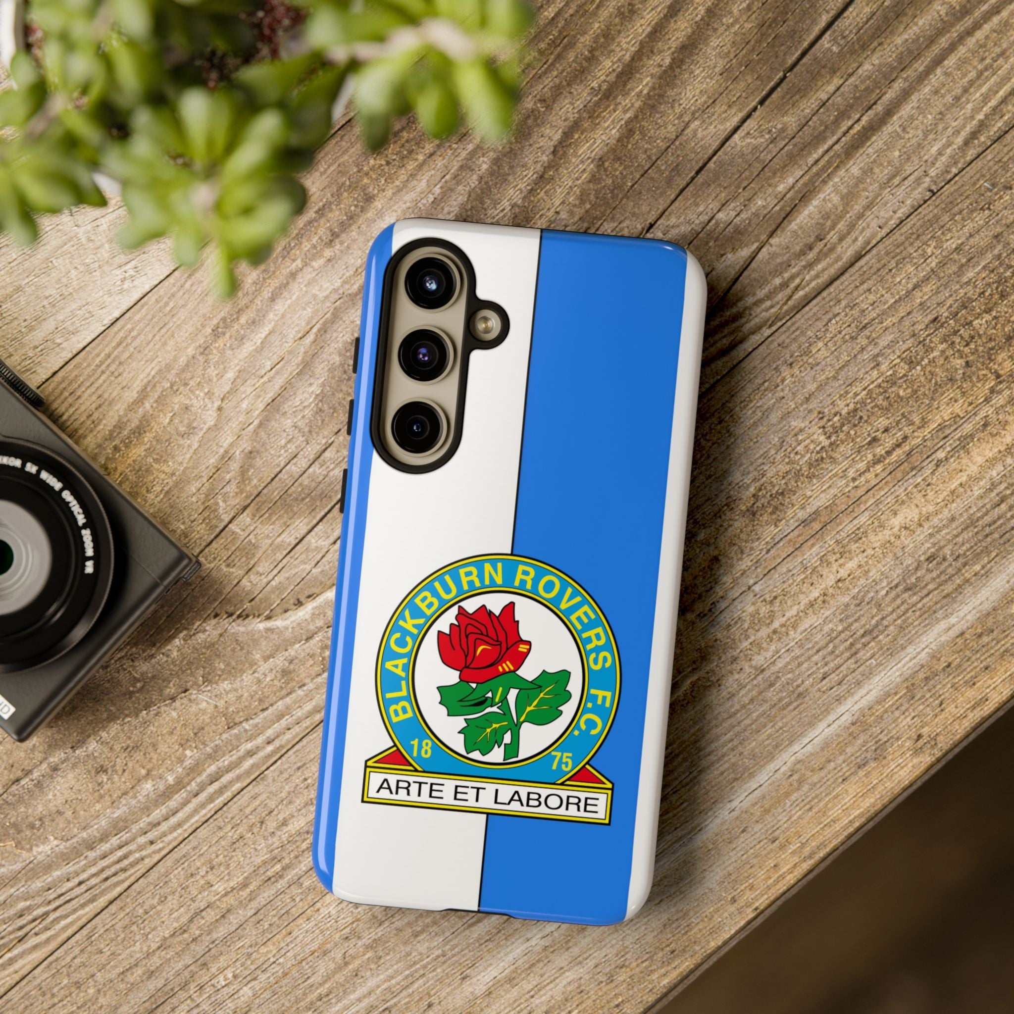 Blackburn Rovers magnetic Samsung phone case with blue and white colors, dual-layer protection, and wireless charging compatibility