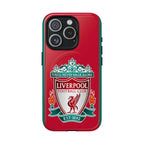 Liverpool FC MagSafe iPhone case with red design and club crest, dual-layer protection, and MagSafe compatibility