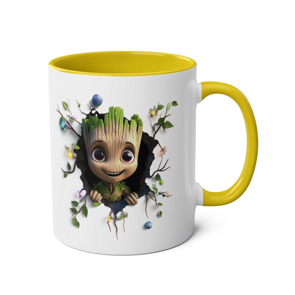 Baby Groot themed coffee mug with colorful design and yellow handle, 11oz ceramic, microwave and dishwasher safe.