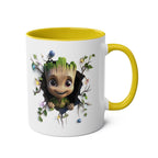 Baby Groot themed coffee mug with colorful design and yellow handle, 11oz ceramic, microwave and dishwasher safe.