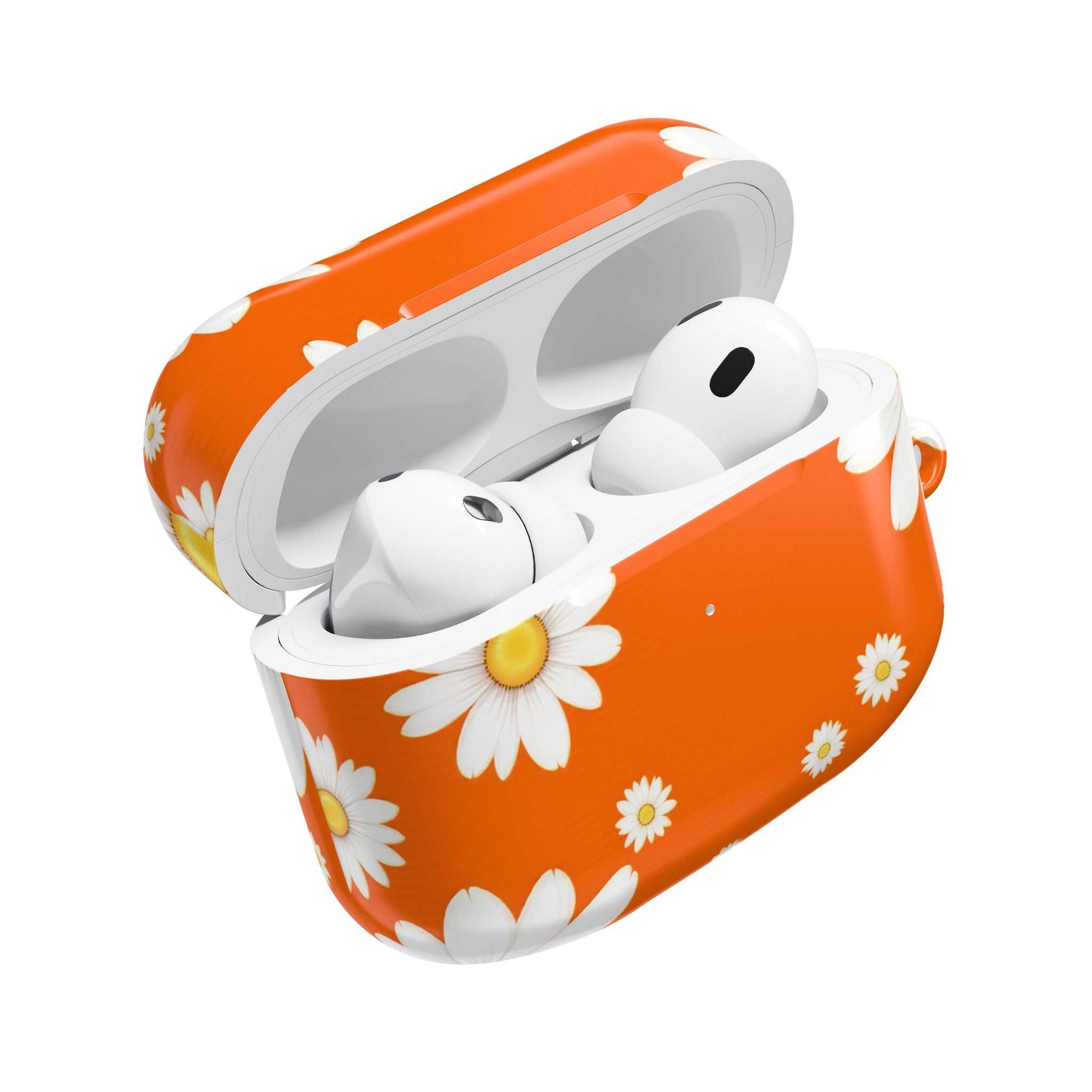 Orange Daises AirPods protective case with vibrant orange daisy design for AirPods and AirPods Pro, durable hard shell, and wireless charging compatible.