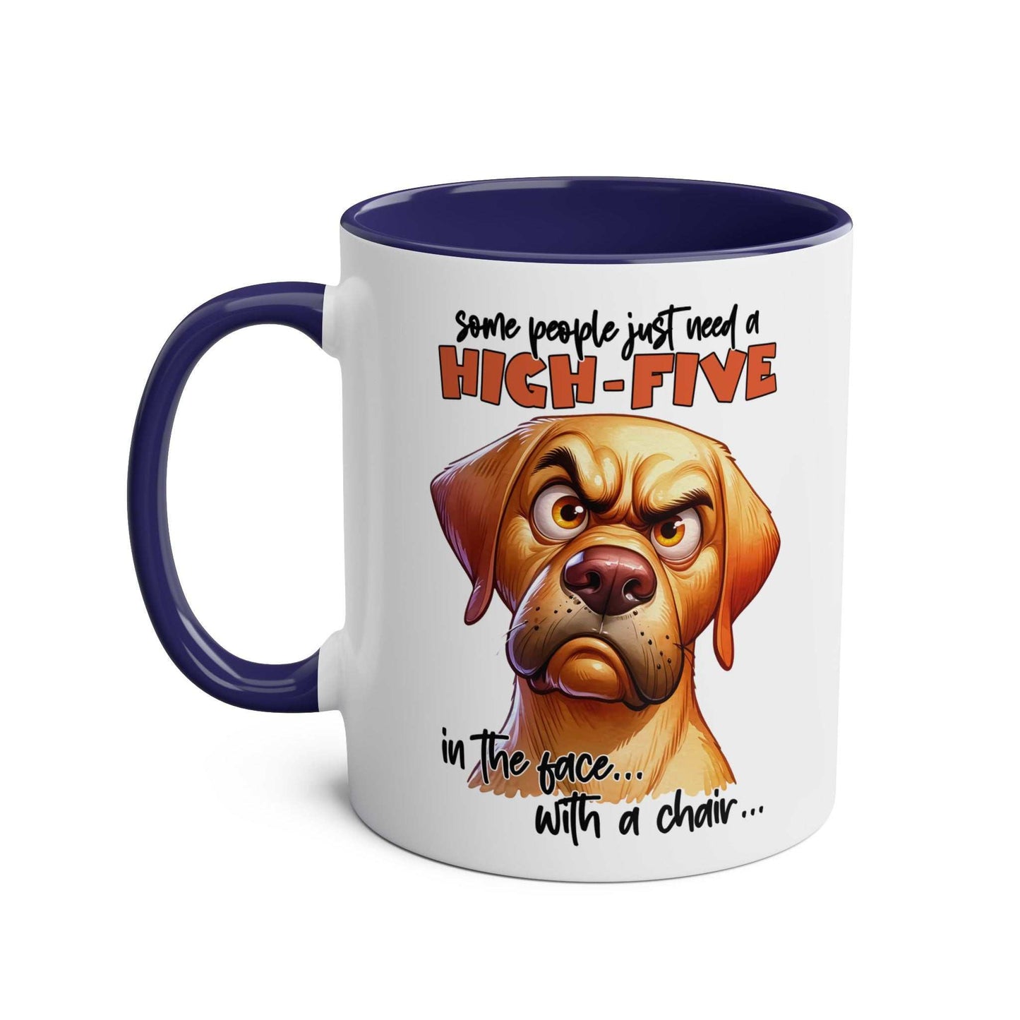 High Five Coffee Mug with snarky dog graphic, available in 7 colors, features glossy finish, 11oz ceramic, microwave and dishwasher safe.